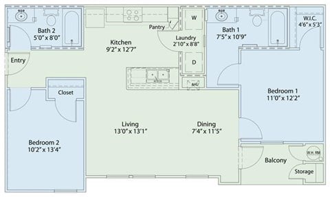 Floor plan for 2 beds, 2 baths, 909 sqft