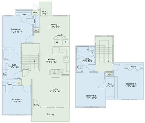 Floor plan for 4 beds, 2 baths, 1490 sqft