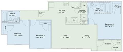 Floor plan for 3 beds, 2 baths, 1086 sqft
