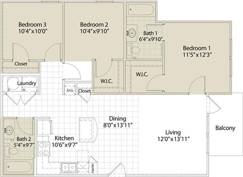 Floor plan for 3 beds, 2 baths, 1151 sqft
