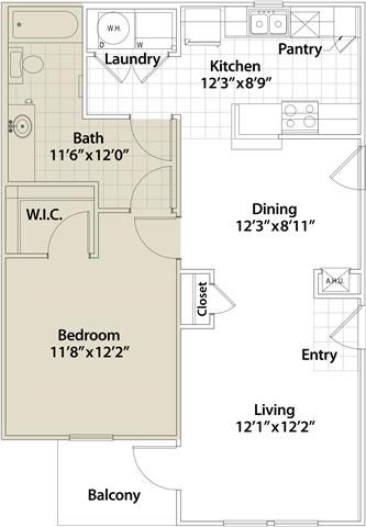 Floor plan for 1 bed, 1 bath, 787 sqft