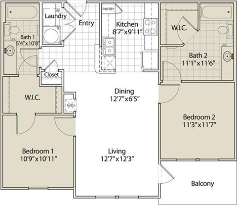 Floor plan for 2 beds, 2 baths, 951 sqft