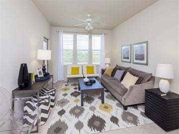 San Marcos apartment for rent - A living room with a grey couch, a coffee table, and a rug with a geometric pattern.