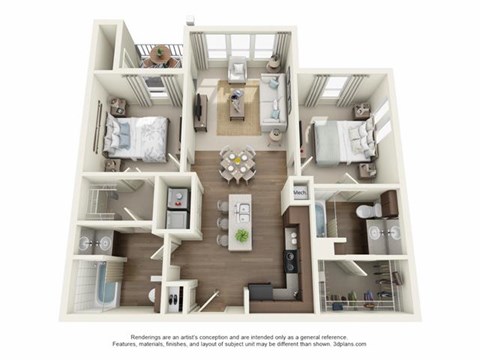 Floor plan for 2 beds, 2 baths, 869 sqft