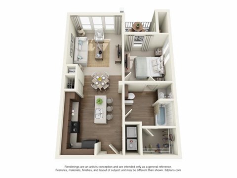Floor plan for 1 bed, 1 bath, 620 sqft