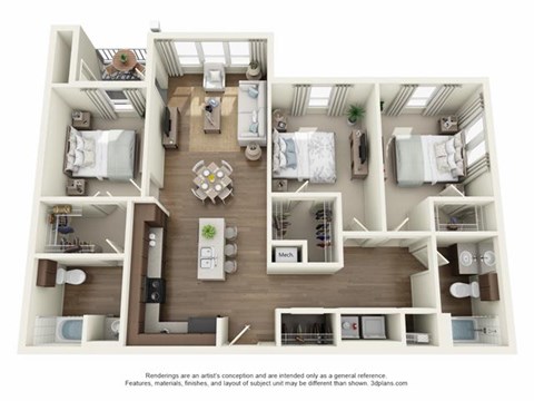 Floor plan for 3 beds, 2 baths, 1150 sqft