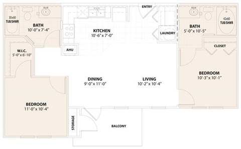 Floor plan for 2 beds, 2 baths, 799 sqft