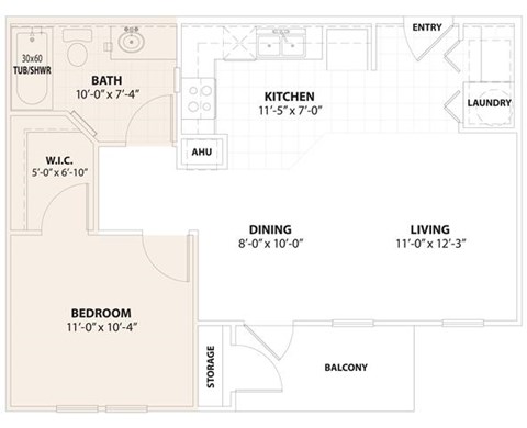 Floor plan for 1 bed, 1 bath, 650 sqft