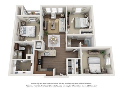 Floor plan for 3 beds, 2 baths, 1139 sqft