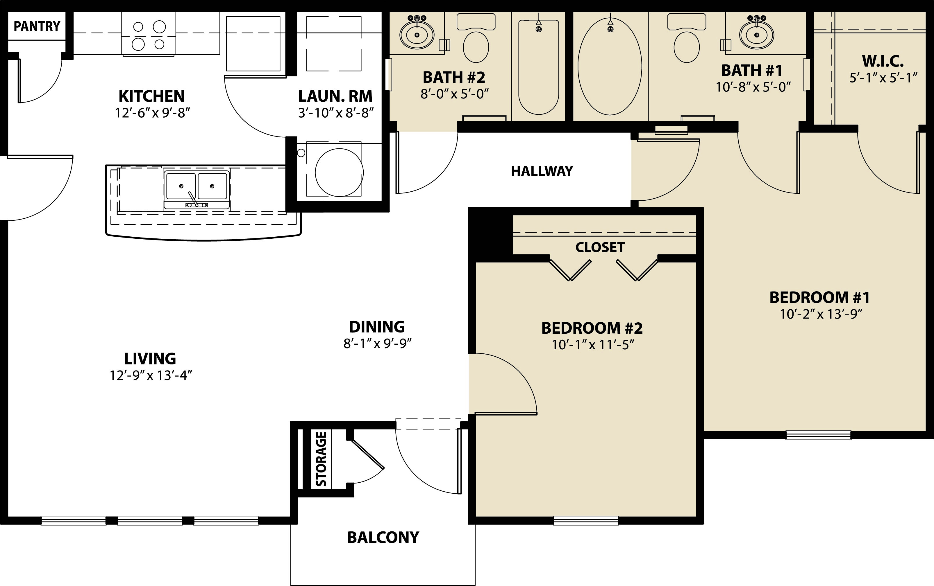 Floor plan for 2 beds, 2 baths, 908 sqft