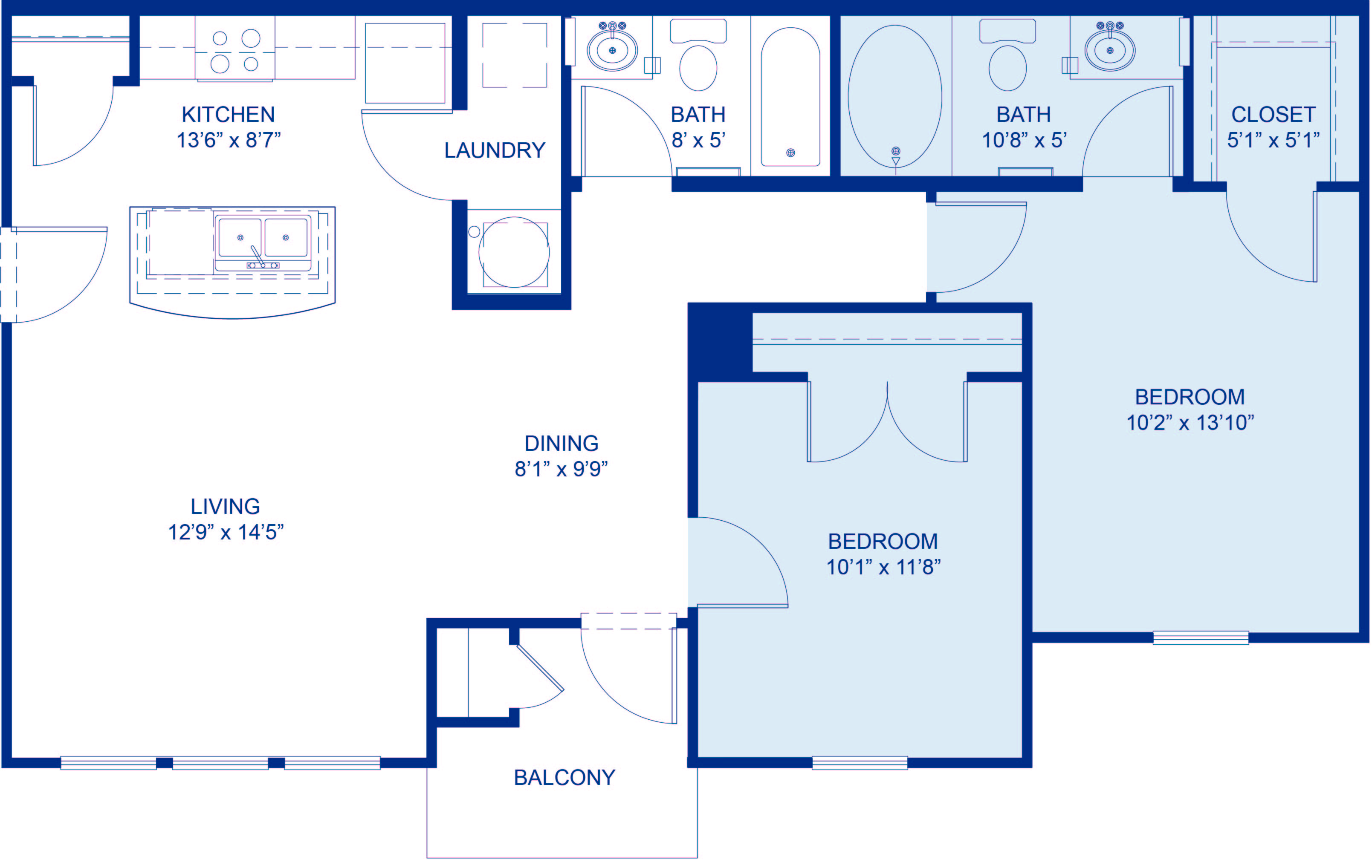 Floor plan for 2 beds, 2 baths, 908 sqft