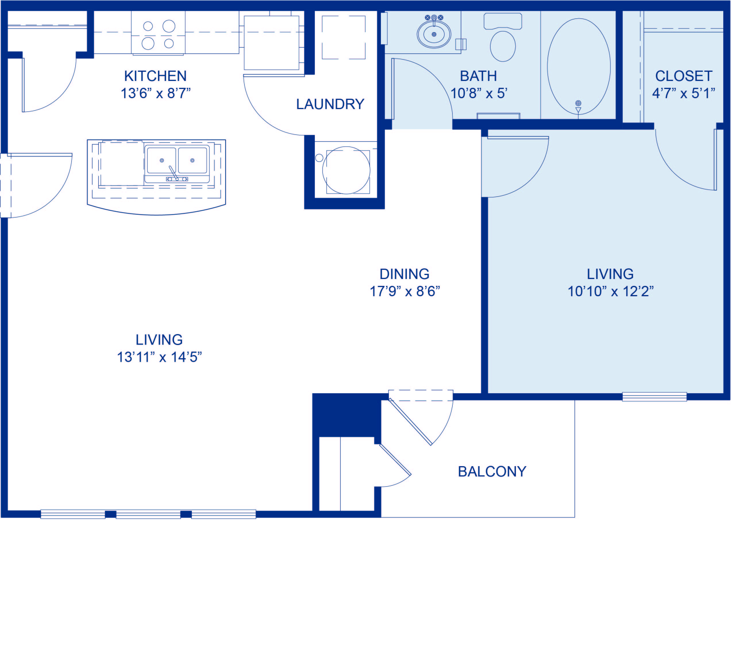 Floor plan for 1 bed, 1 bath, 674 sqft