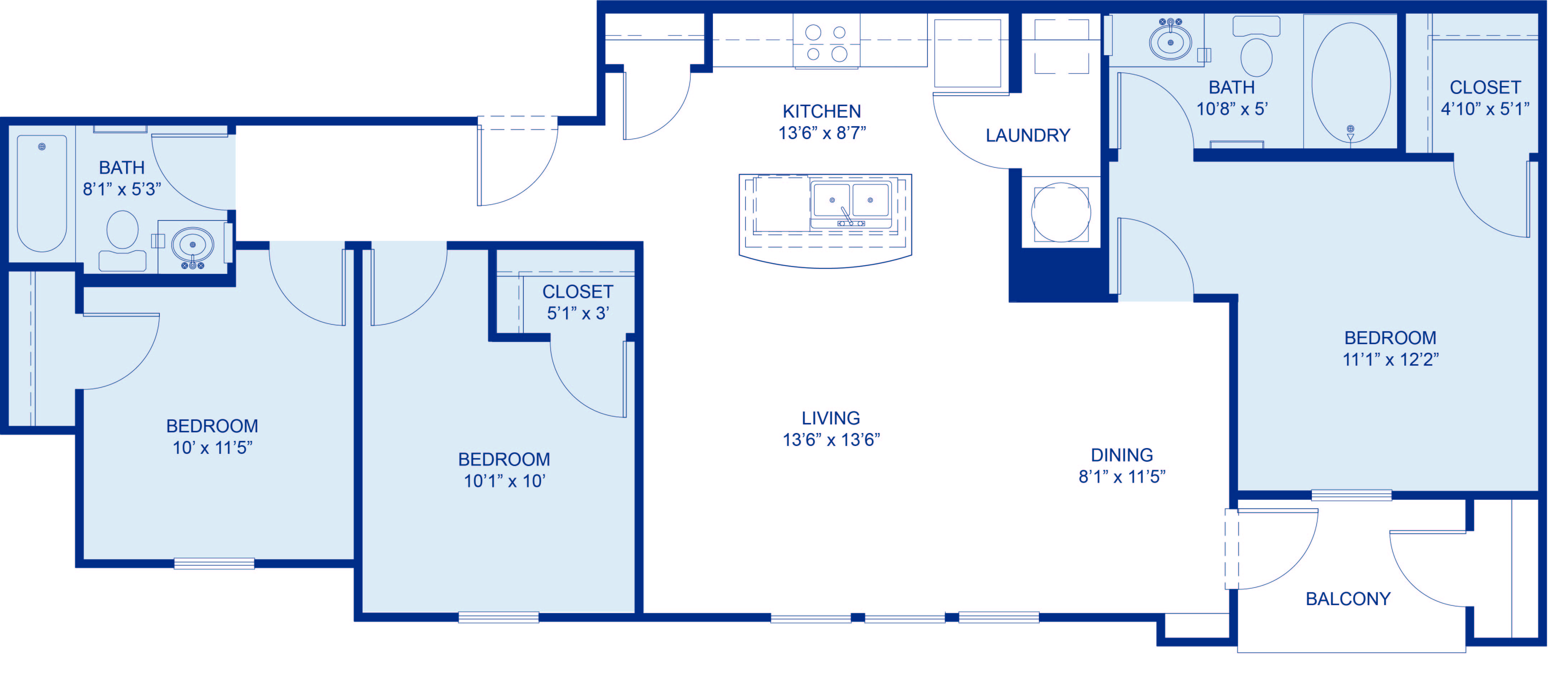 Floor plan for 3 beds, 2 baths, 1078 sqft