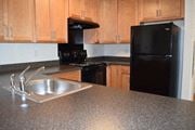 Newark apartment for rent - a kitchen with a sink and a black refrigerator