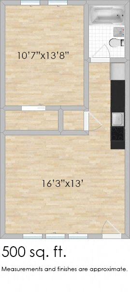 Floor plan for 1 bed, 1 bath, 500 sqft