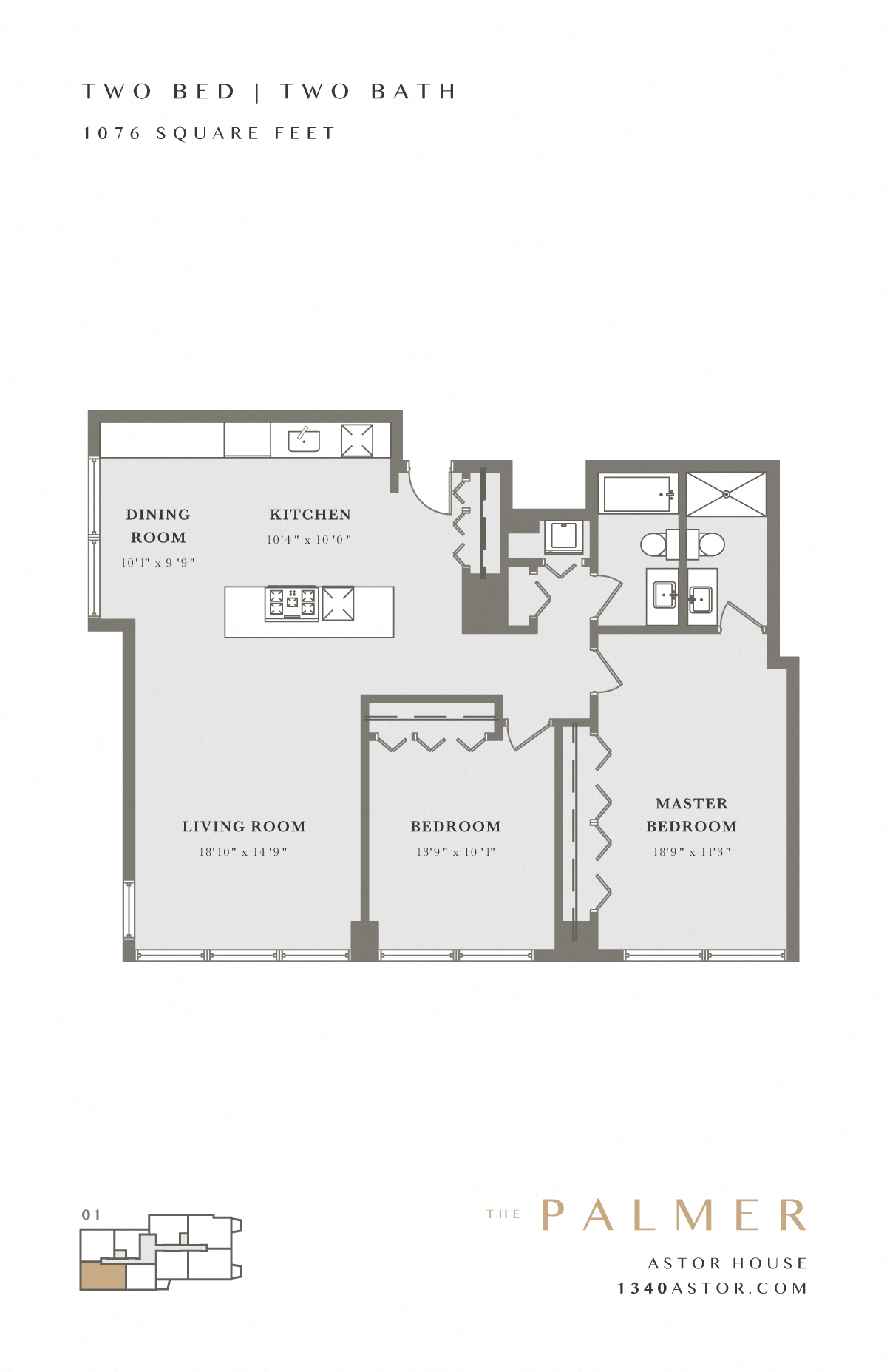 Floor plan for 2 beds, 2 baths, 1076 sqft