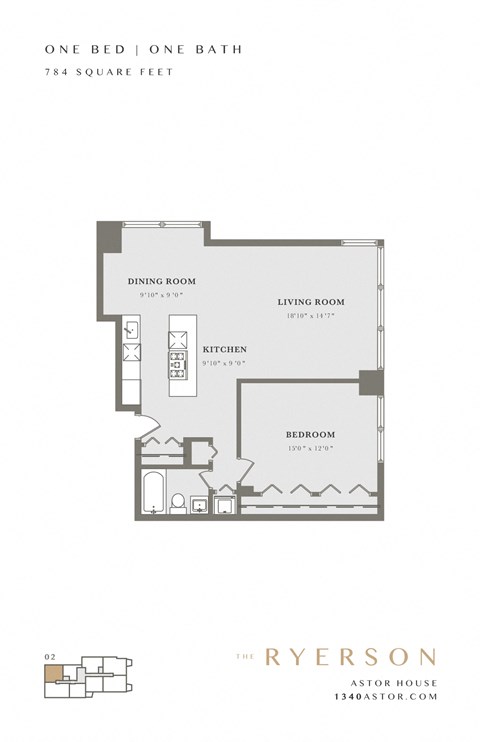 Floor plan for 1 bed, 1 bath, 785 sqft
