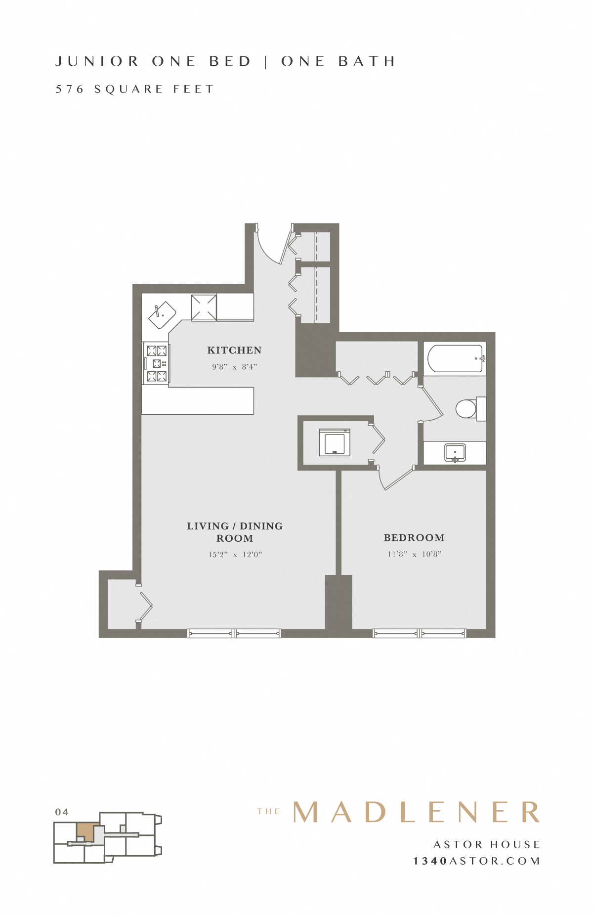 Floor plan for 1 bed, 1 bath, 576 sqft