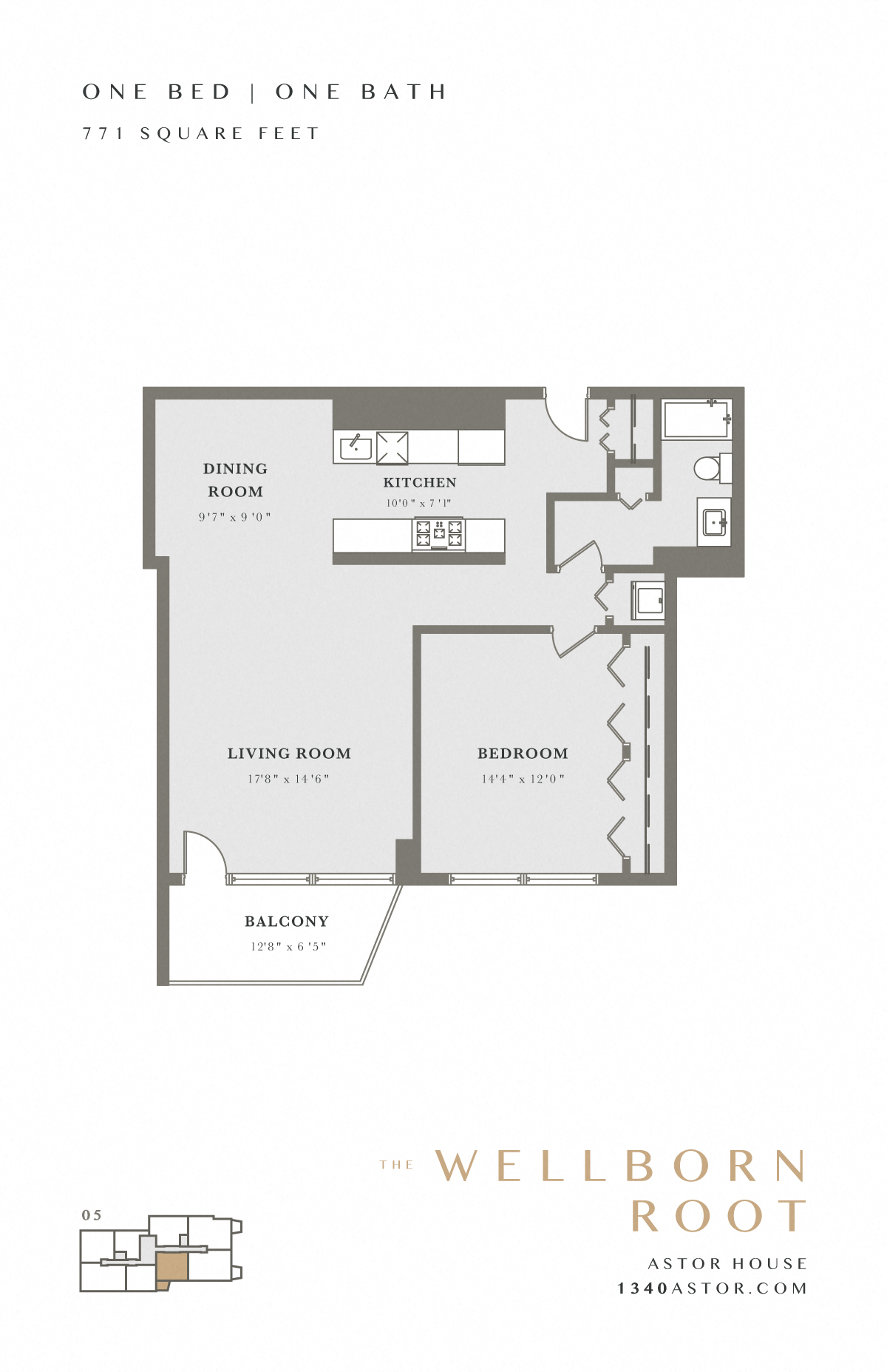 Floor plan for 1 bed, 1 bath, 771 sqft