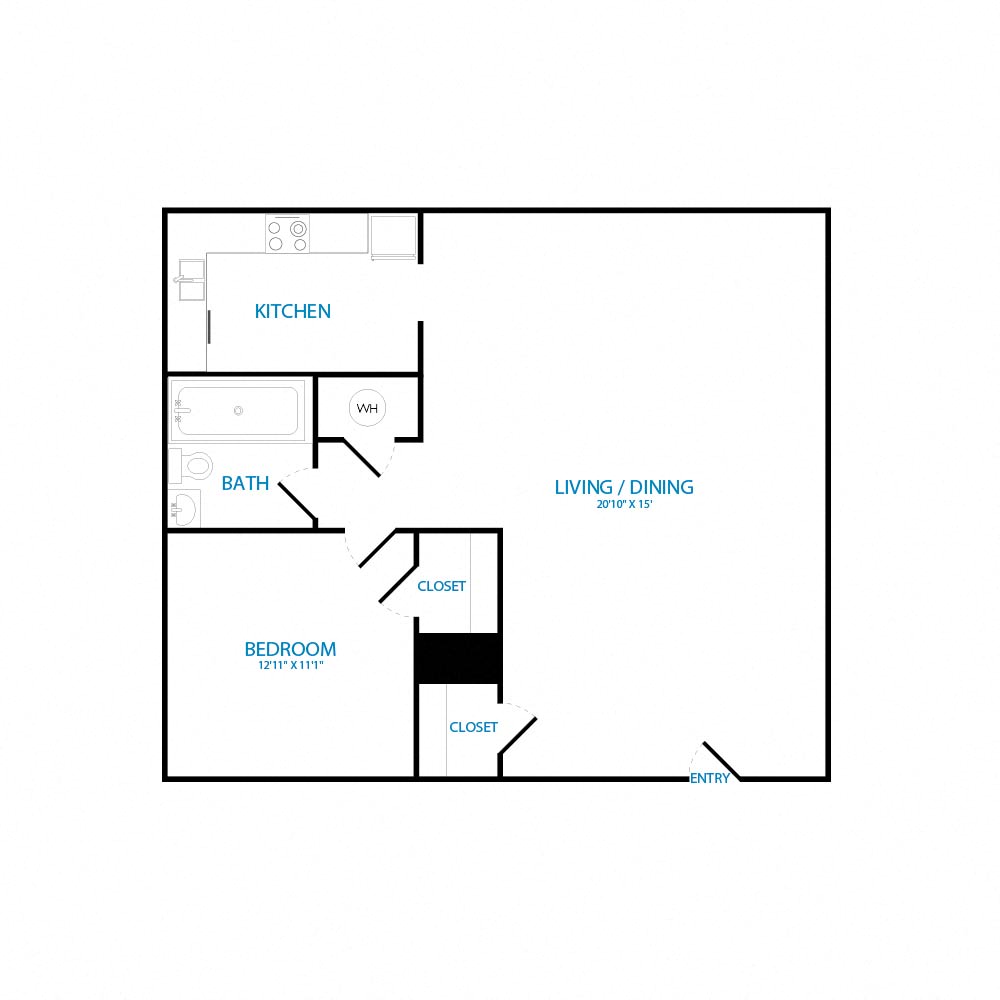 Floor plan for 1 bed, 1 bath, 512 sqft