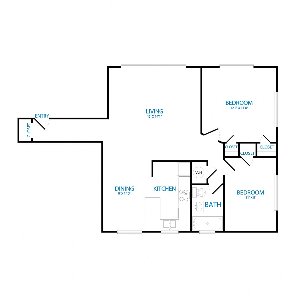 Floor plan for 2 beds, 1 bath, 792 sqft