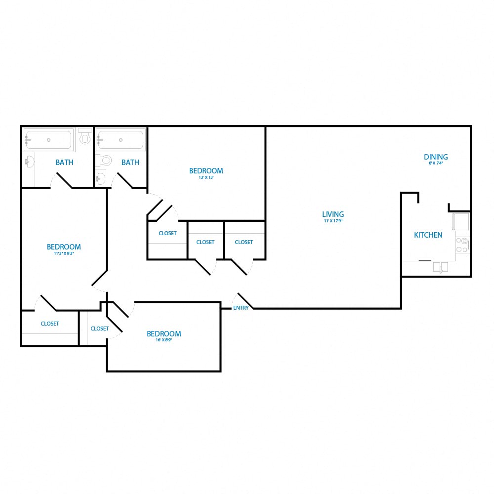 Floor plan for 3 beds, 2 baths, 982 sqft