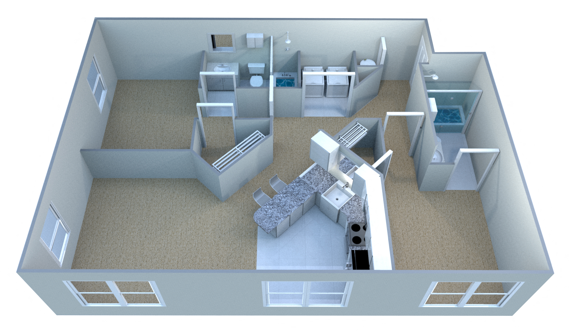Floor plan for 2 beds, 2 baths, 888 sqft