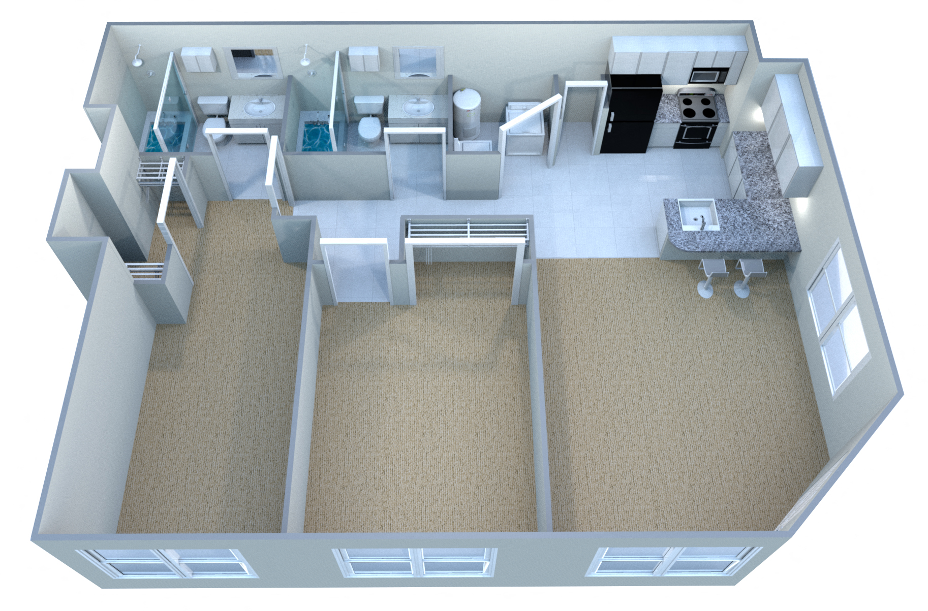 Floor plan for 2 beds, 2 baths, 957 sqft