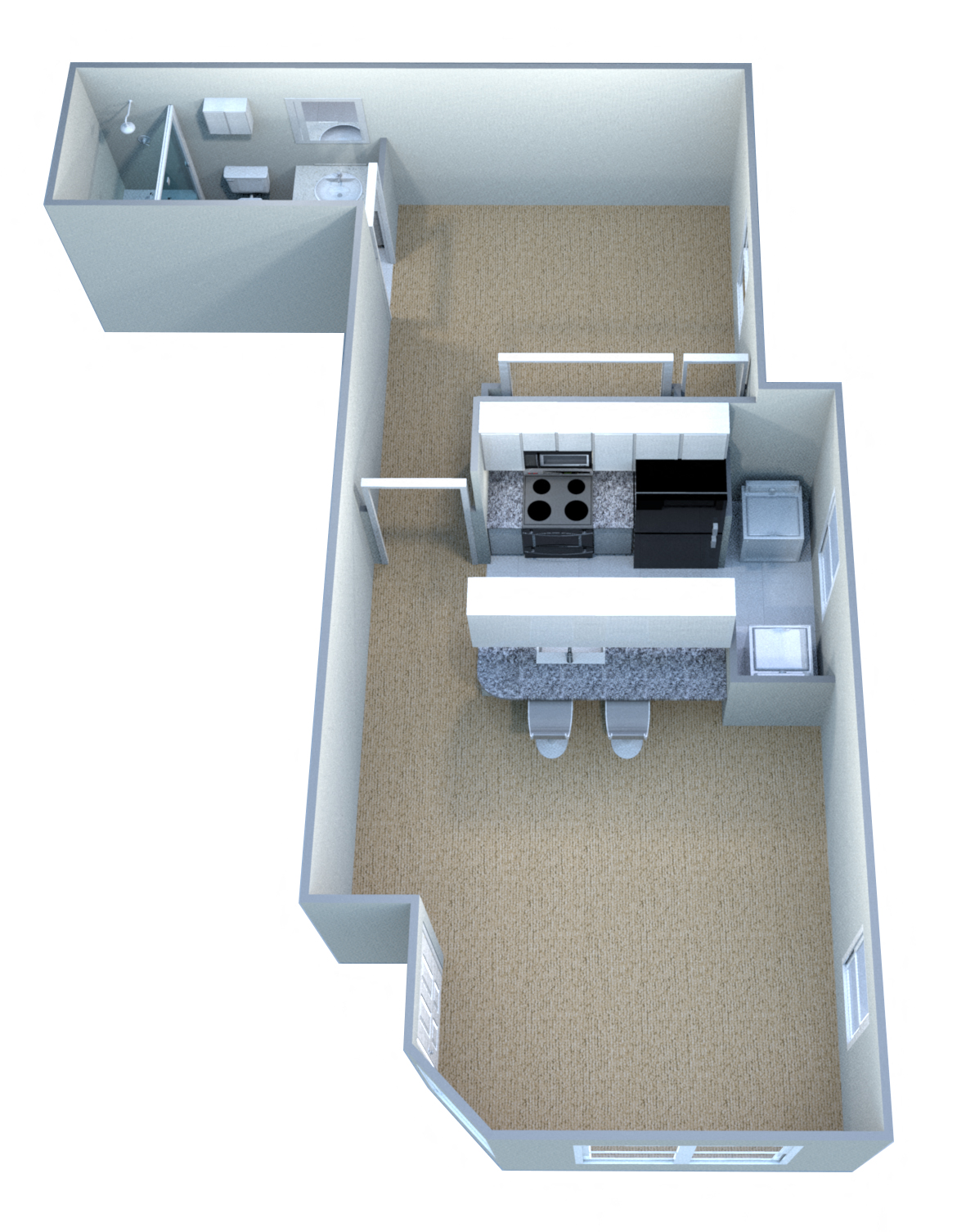 Floor plan for 1 bed, 1 bath, 655 sqft
