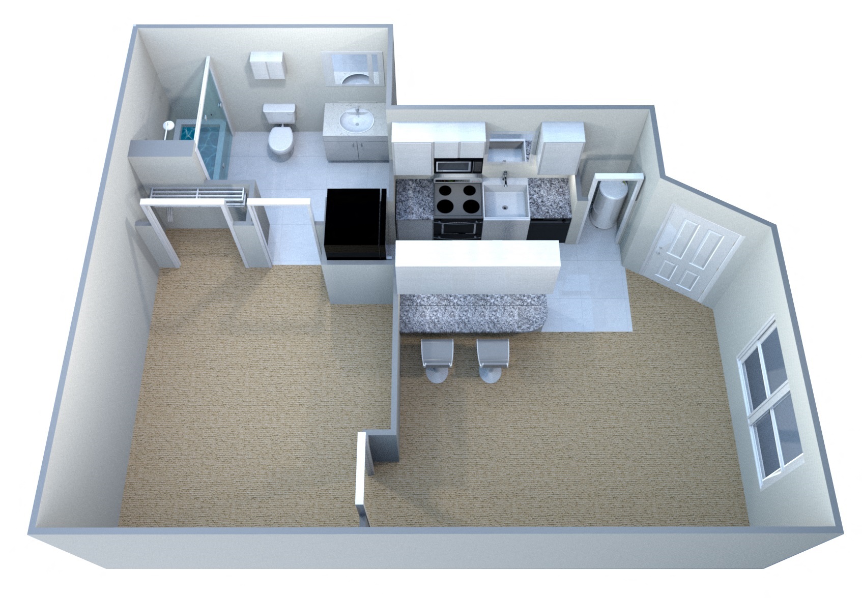 Floor plan for 1 bed, 1 bath, 491 sqft