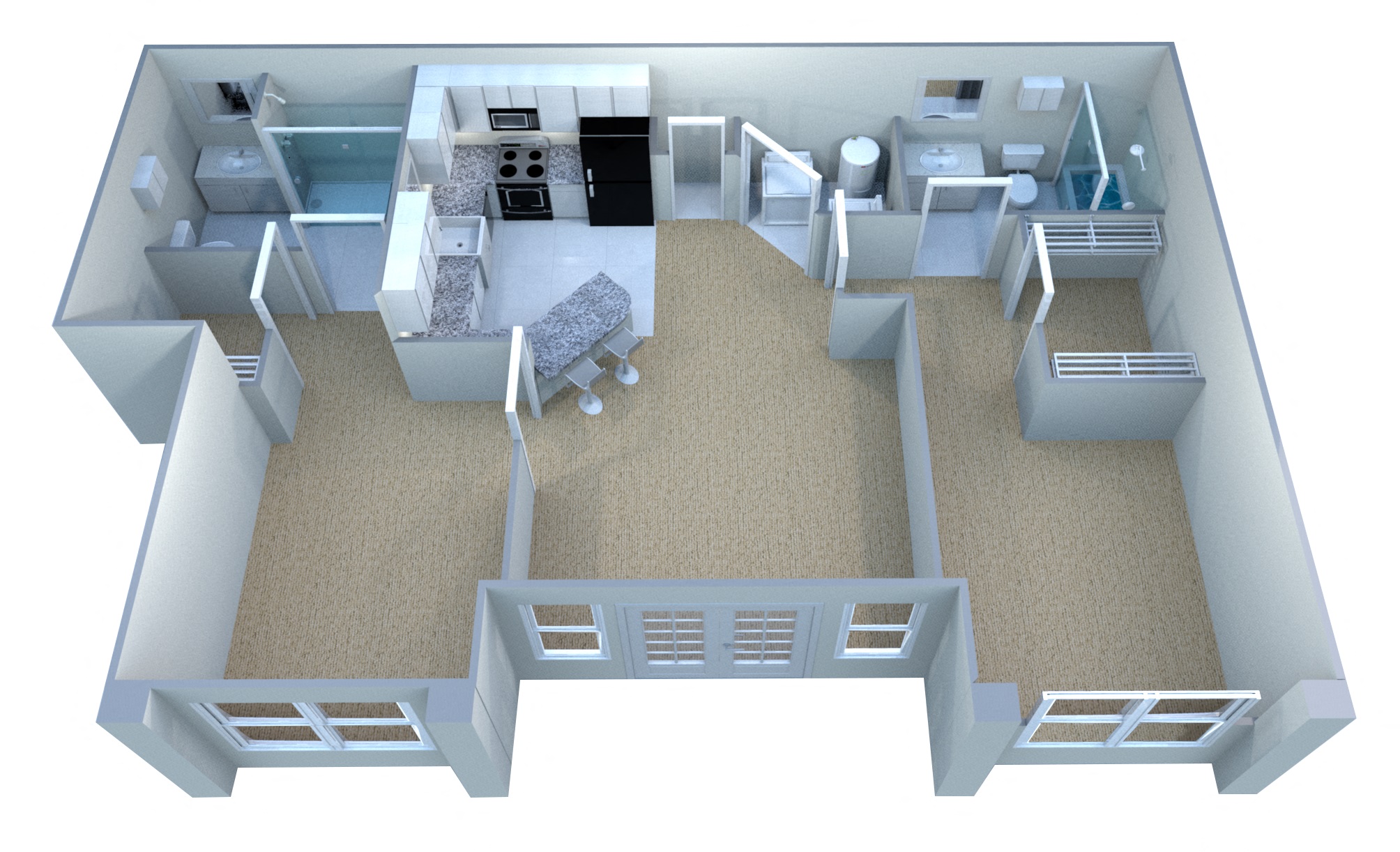 Floor plan for 2 beds, 2 baths, 931 sqft