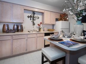 Fayetteville apartment for rent - a kitchen with wooden cabinets and a table with dishes on it