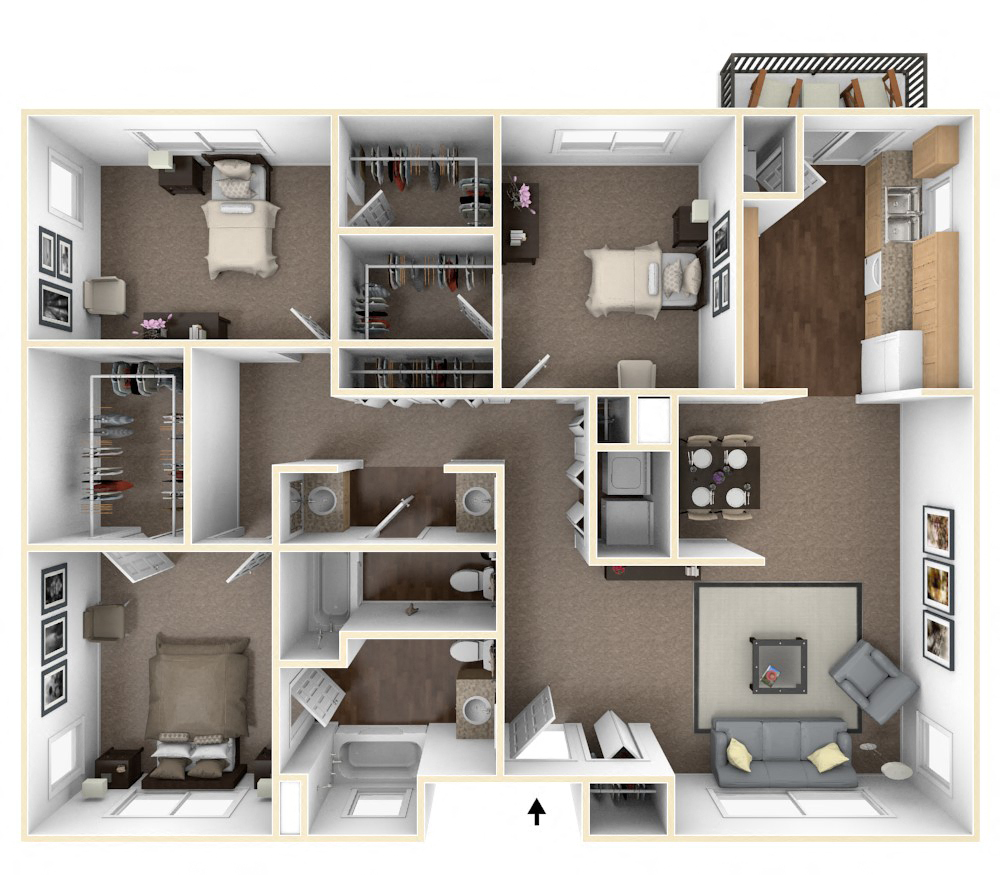 Floor plan for 3 beds, 2 baths, 1382 sqft