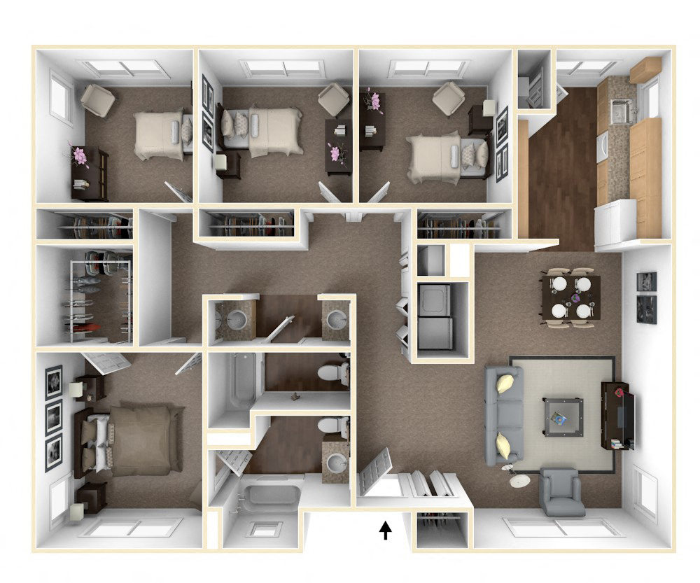 Floor plan for 4 beds, 2 baths, 1382 sqft