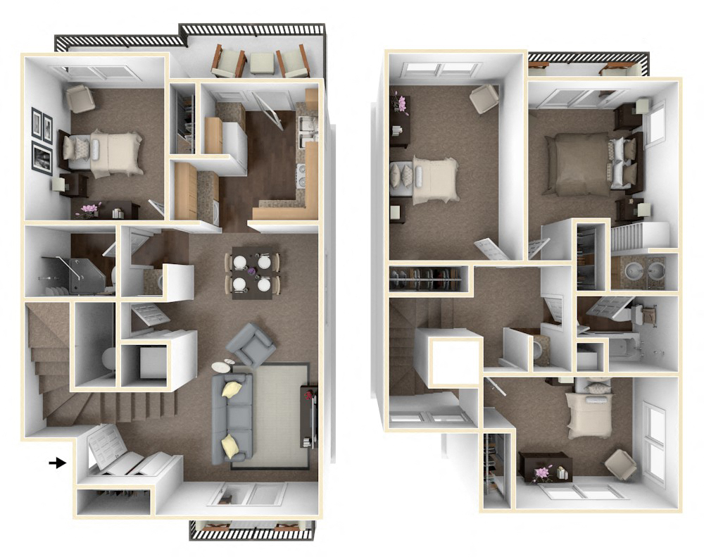 Floor plan for 4 beds, 2 baths, 1287 sqft