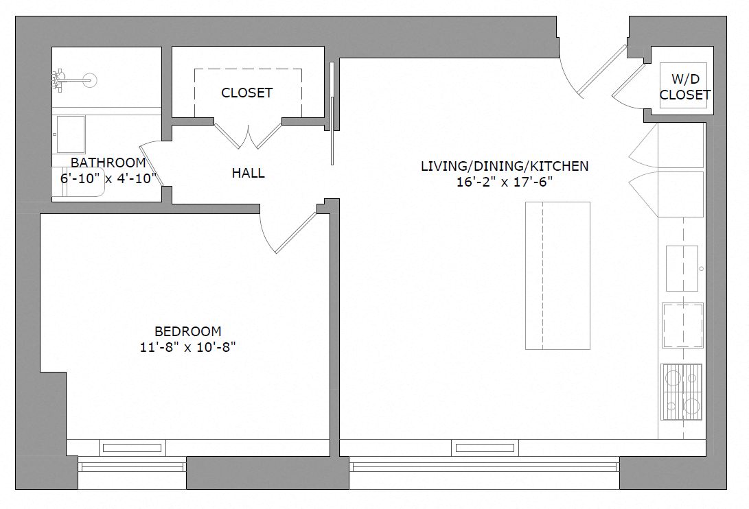 Floor plan for 1 bed, 1 bath, 550 sqft