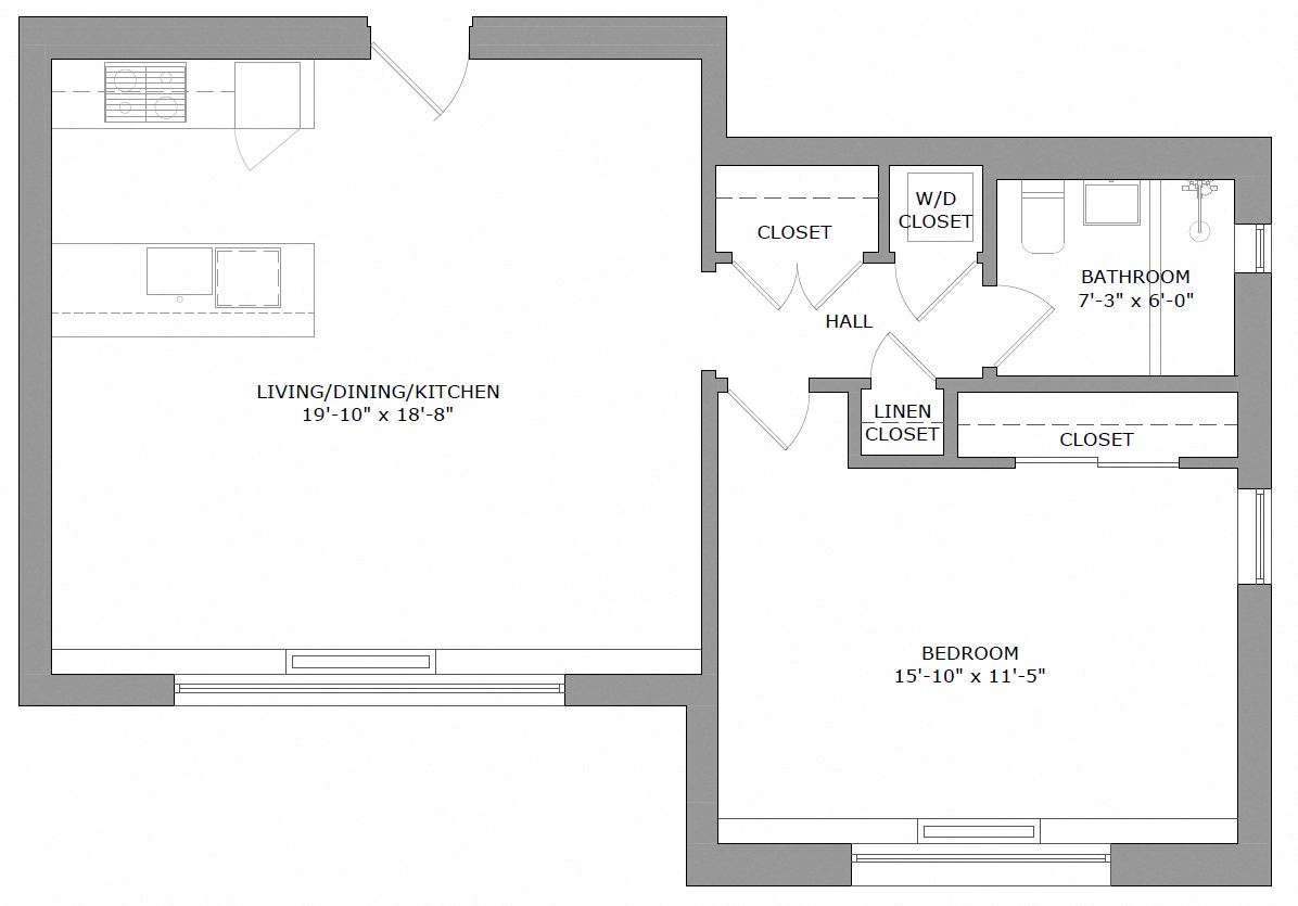 Floor plan for 1 bed, 1 bath, 700 sqft