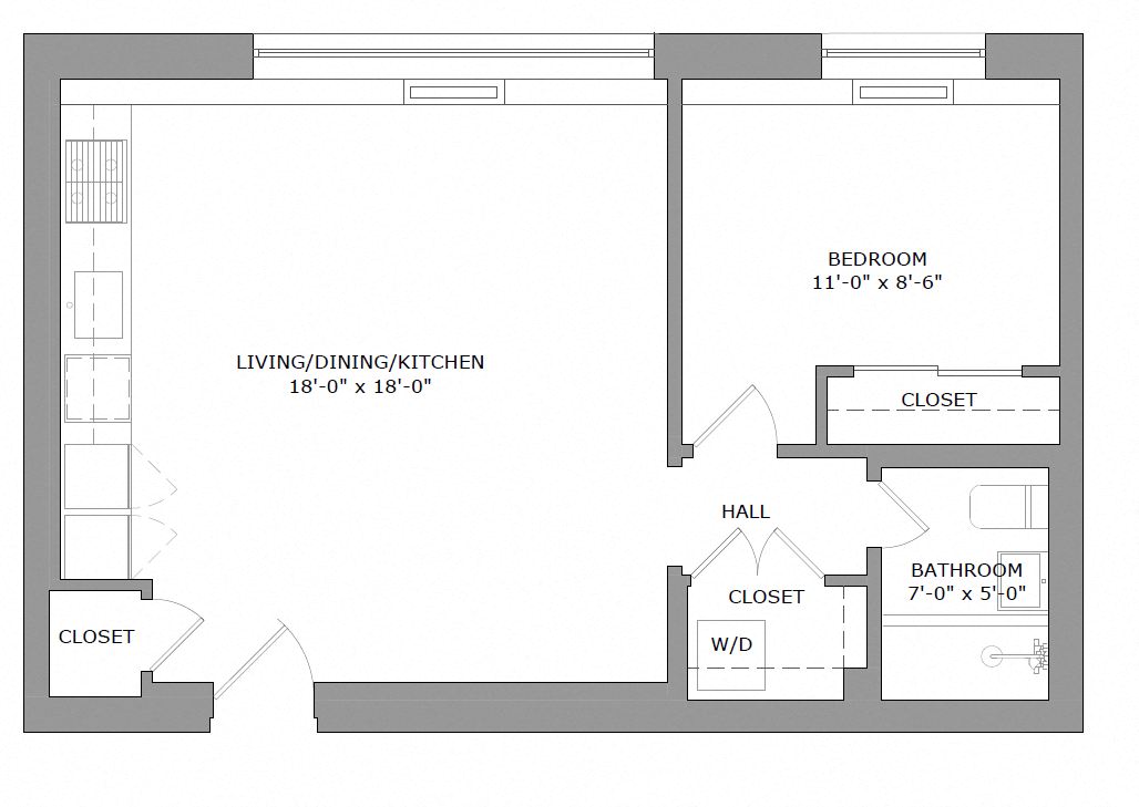 Floor plan for 1 bed, 1 bath, 650 sqft