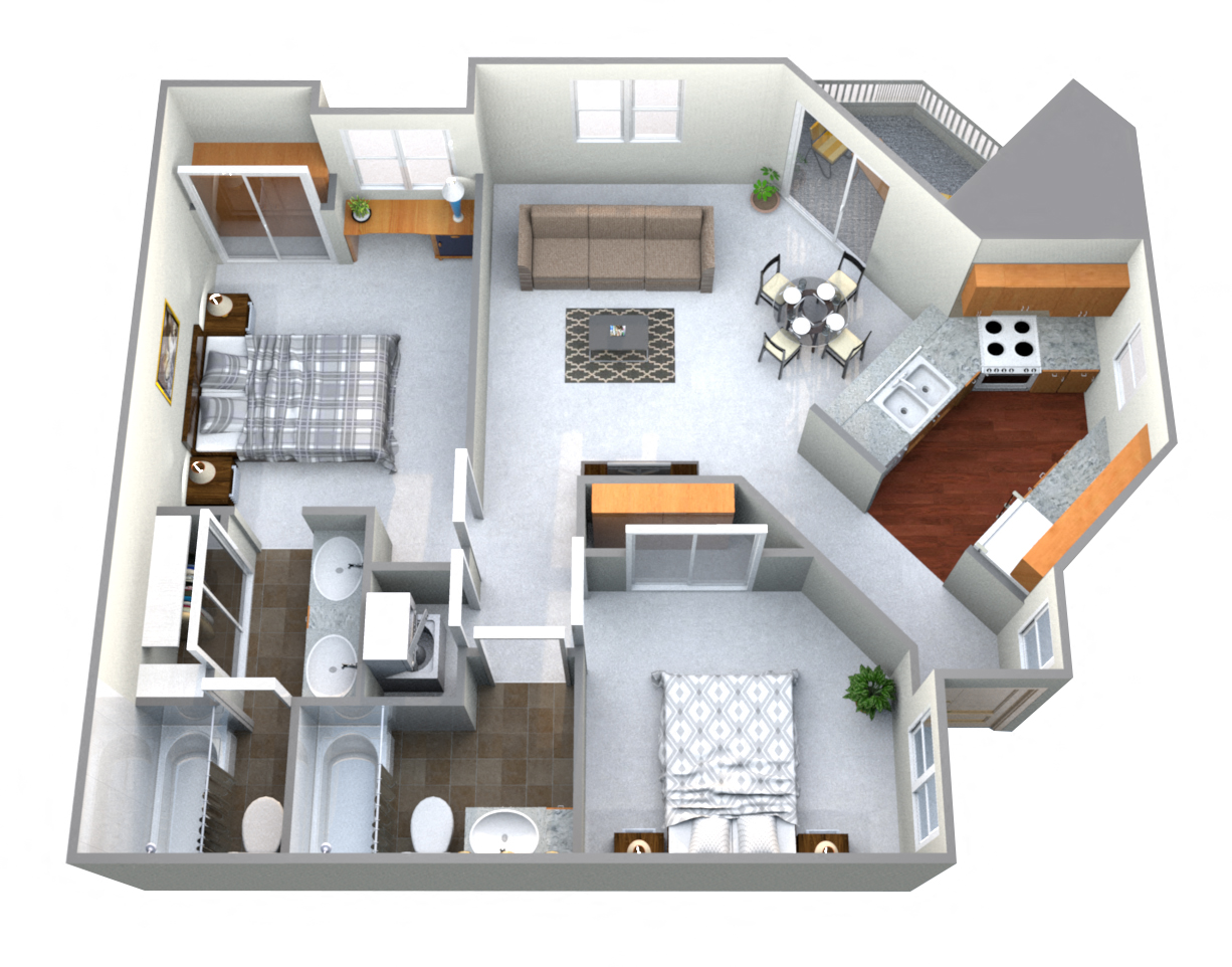 Floor plan for 2 beds, 2 baths, 870 sqft