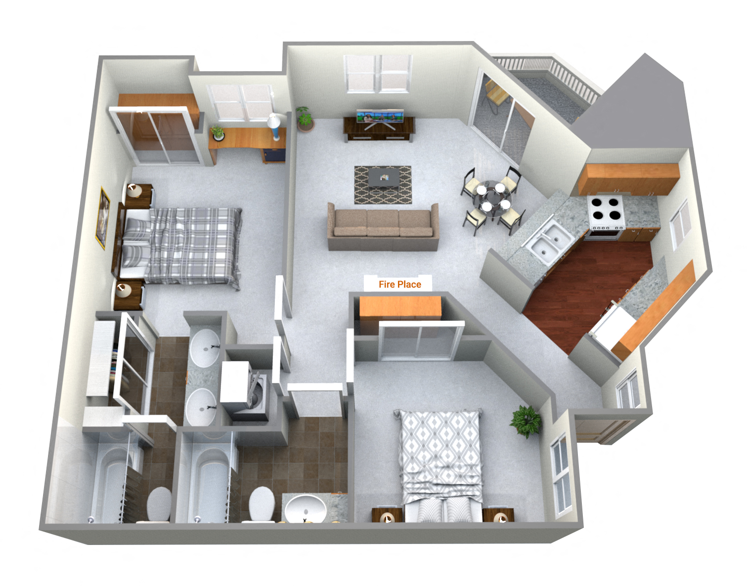 Floor plan for 2 beds, 2 baths, 870 sqft