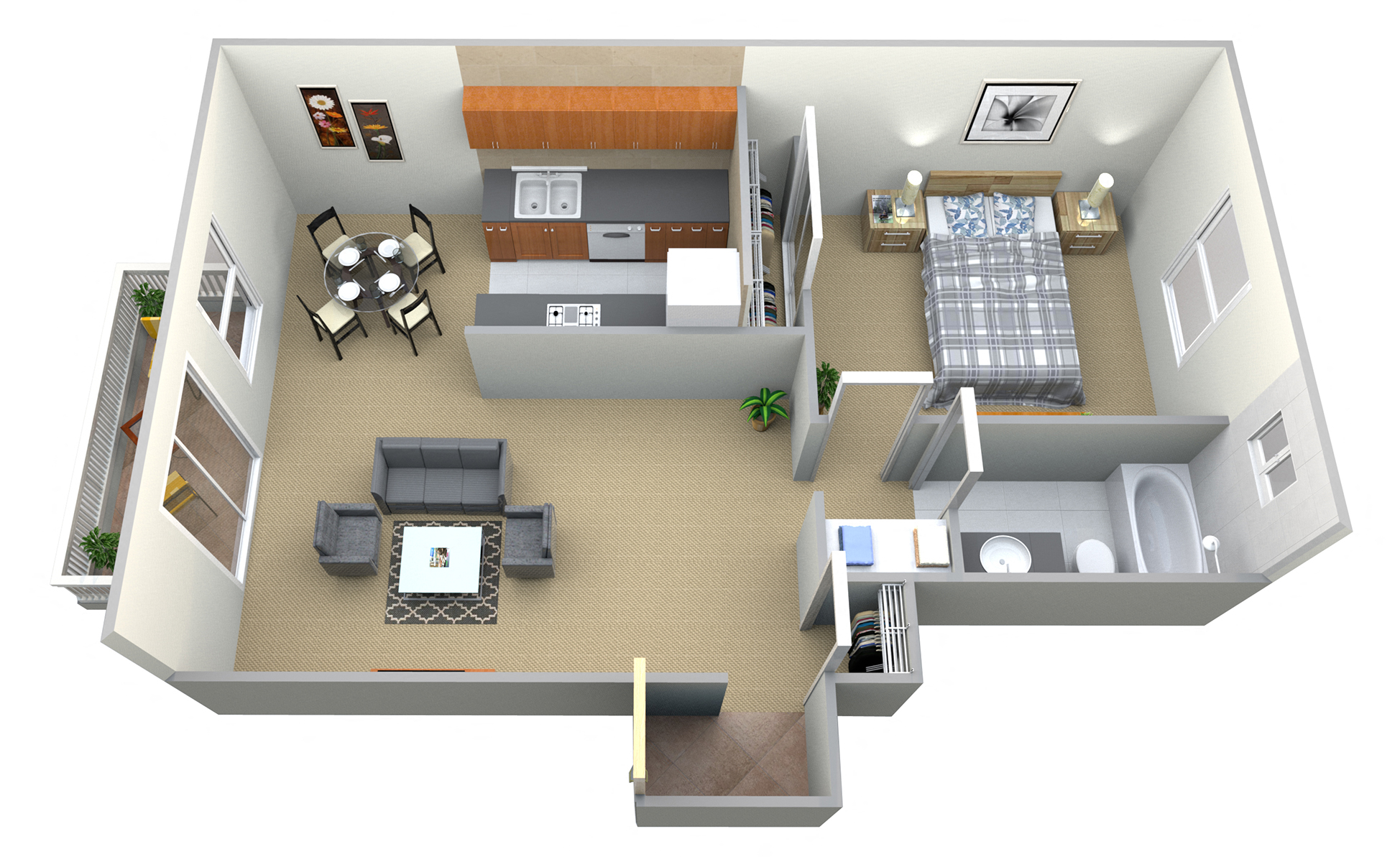 Floor plan for 1 bed, 1 bath, 682 sqft