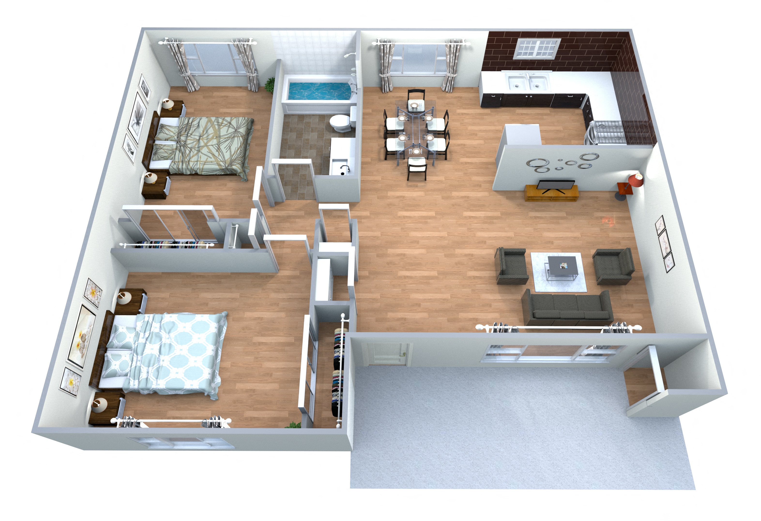 Floor plan for 2 beds, 1 bath, 975 sqft