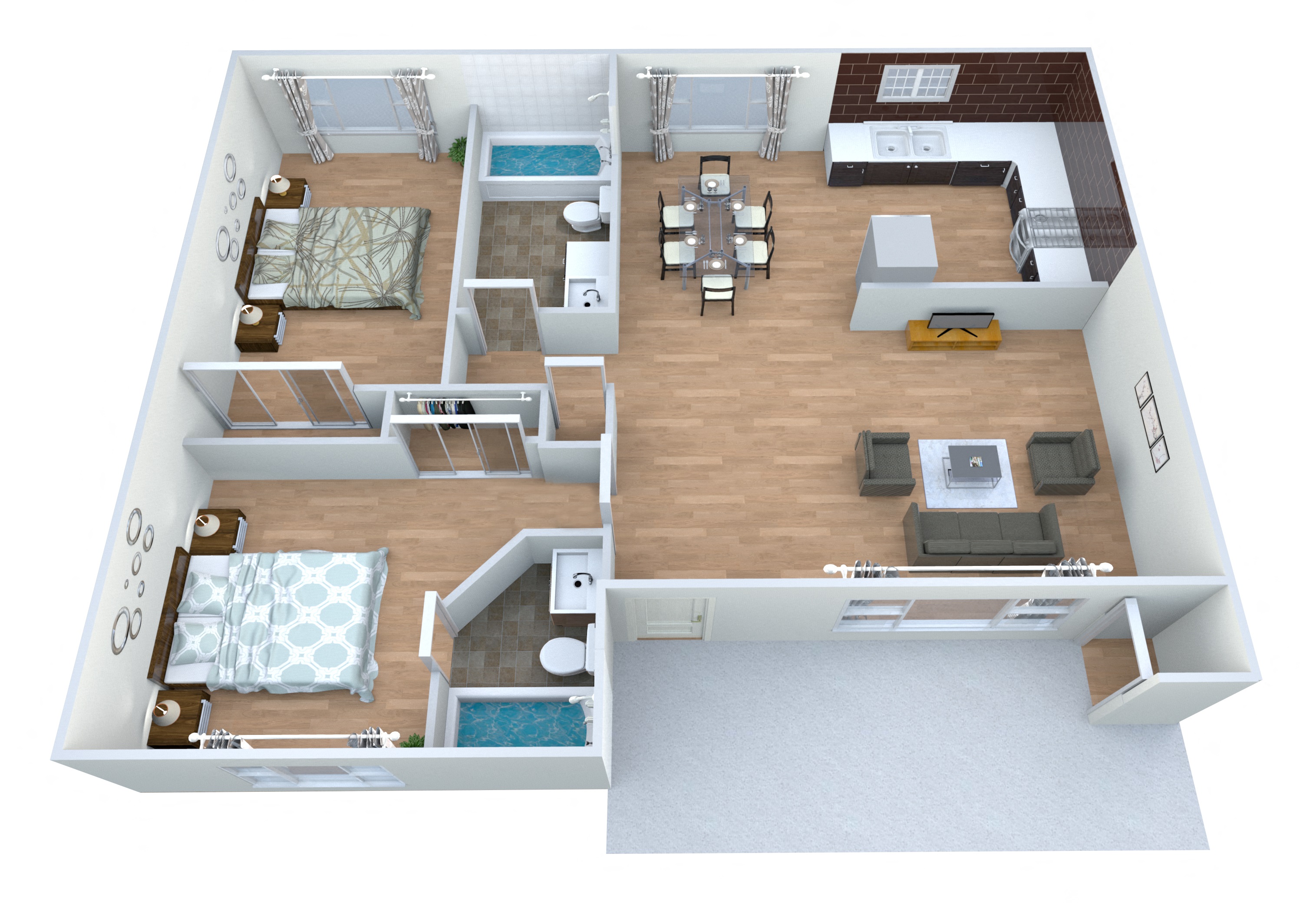 Floor plan for 2 beds, 2 baths, 975 sqft