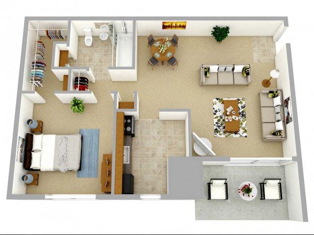 Floor plan for 1 bed, 1 bath, 818 sqft