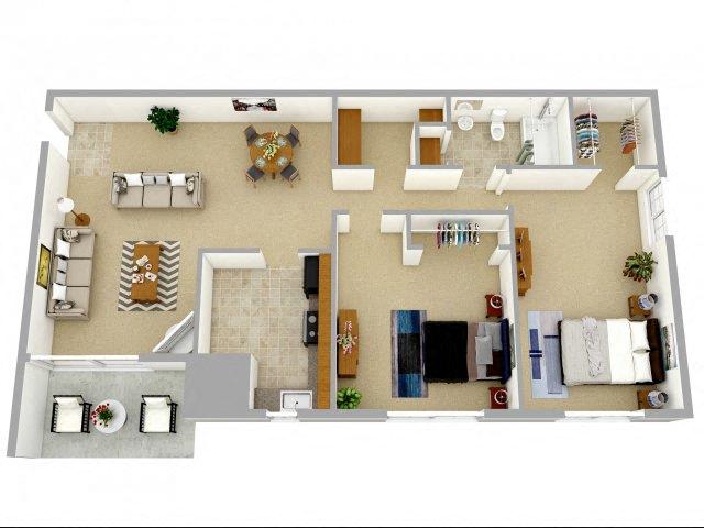 Floor plan for 2 beds, 1 bath, 1031 sqft