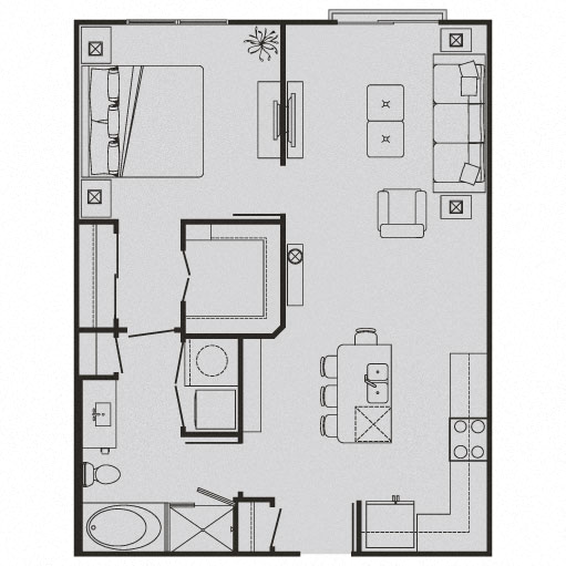 Floor plan for 1 bed, 1 bath, 757 sqft