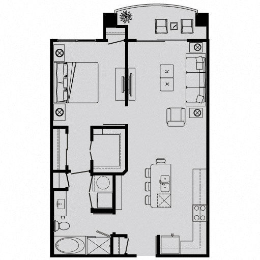 Floor plan for 1 bed, 1 bath, 821 sqft
