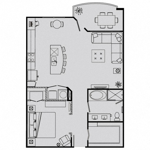 Floor plan for 1 bed, 1 bath, 882 sqft
