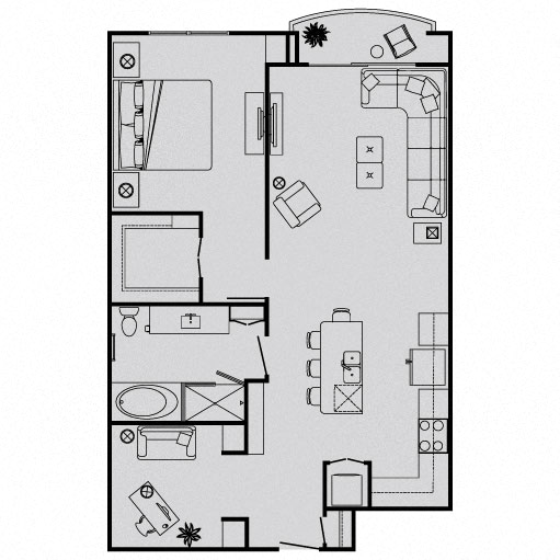 Floor plan for 1 bed, 1 bath, 945 sqft