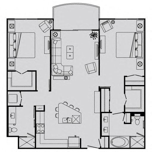 Floor plan for 2 beds, 2 baths, 1159 sqft